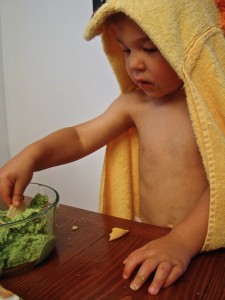eating green pea hummus