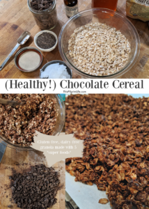 Healthy, homemade chocolate cereal made with five superfoods and no refined sugar. So good as a cereal with milk, or as a topping for yogurt!