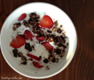 Yogurt Parfait with Dark Chocolate Granola & Strawberries