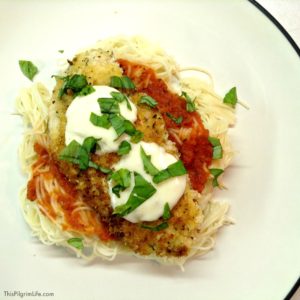 A crispy breading on the chicken, fresh mozzarella*, and the sweet flavor of fresh basil make this chicken parmesan a restaurant worthy meal. The convenience of boxed pasta and pre-made sauce also makes it a quick and easy meal that can be ready to eat in just thirty minutes.