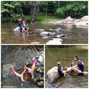 Playing in the river after going strawberry picking.