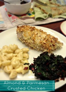 A quick and easy recipe for chicken breasts topped with chopped almonds and shredded Parmesan cheese. Ready in just thirty minutes!