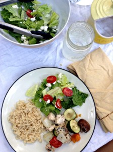 Copycat Zoe's Kitchen- An easy, at-home version of Zoe's grilled chicken kabobs, rice, and Greek salad.