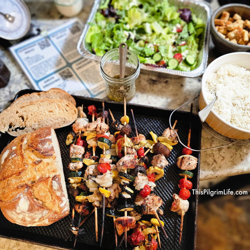 Kabobs are easy to assemble and perfect for summer nights and the fresh flavors of grilled Greek chicken! Add a variety of spring and summer veggies, and a couple of quick sides, and you have a delicious meal your family will love!