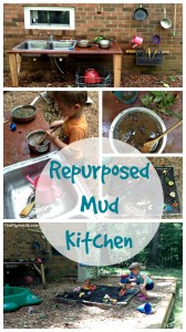 An awesome outdoor mud kitchen made with repurposed items from around the yard and house. Our new favorite backyard hangout!
