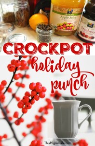 Love this easy holiday punch! It makes the house smell great as it heats in the crockpot and serves a lot of people for not a lot of money.