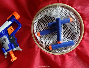 Make a simple hanging nerf target with just a few inexpensive materials-- no sewing required!
