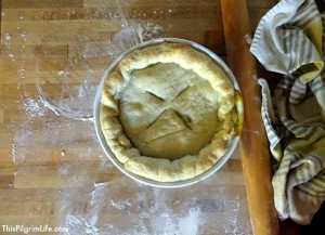 Homemade chicken pot pie, packed full of juicy chicken, bacon, eggs, and vegetables.