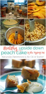 This upside down peach cake is AMAZING! Naturally sweetened, no oils or butter, and made in the pressure cooker to give it extra richness and moistness.