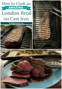 Cook a London broil on a cast iron griddle for an amazing and budget-friendly steak dinner at home! Easy enough for a weeknight meal, delicious enough for a dinner with friends!
