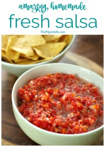 This homemade fresh salsa is seriously amazing! It's chunky and full of flavor-- and only takes about five minutes to make! We love this salsa on chips, nachos, tacos, quesadillas, soups, and more-- no wonder it doesn't last long!
