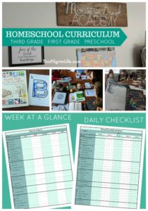 We are a homeschooling family with five kids eight and under! See what we are using this year for homeschool curriculum in third grade, first grade, and preschool. Plus, get free printables to help you keep your homeschool days organized and on track! 