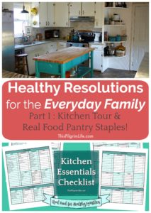 I'm taking you through a tour of my kitchen today. All the details about appliances, storage, organization, and my favorite real food pantry essentials for healthy eating in the midst of a full and busy family life. Plus, get two free printable kitchen essentials checklists to help you keep your pantry stocked with your favorites!