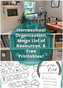 This is our current homeschool organization in our dining room. We have five kids and an average sized house, but everything is still neat, tidy, and inviting! Plus, check out a mega list of our favorite homeschool resources, and get a few free printables for your homeschool space! 