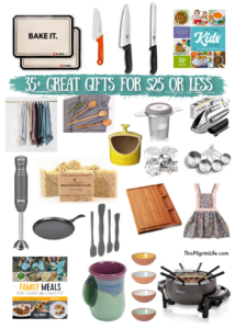 More than 30 kitchen gift ideas for everyone on your list-- the bakers, the home chefs, the kid cooks, and even those who just like their kitchen to look nice without worrying too much about function-- all for $25 or less!