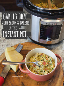 This garlic orzo is so easy in the Instant Pot! It's the perfect quick and easy lunch or comfort-food dinner. We love it with bacon and greens, but the variations are endless! 