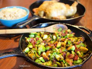 These maple Brussel sprouts and bacon are such a simple but delicious side dish! The Brussels get tender and caramelized in the pan, and the addition of the bacon balances out the slightly sweet maple syrup with the perfect level of saltiness. 