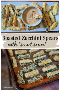 These crispy roasted zucchini spears with a "secret sauce" for dipping are addictive! The simple parmesan and panko breading keep this tasty dish easy and healthy! 