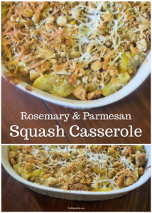 Fresh summer squash is so tasty in this easy squash casserole! Tender squash in a creamy sauce with a crunchy parmesan and rosemary topping-- a delicious twist on a classic dish. 