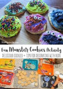 Delicious frosted tea cakes decorated with fun colors and toppings to make spooky monster cookies!