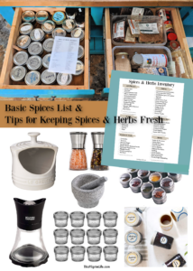 Keeping spices and herbs stocked in your kitchen yields easier and tastier cooking! Check out this printable basic spices list and tips for keeping your spices and herbs fresh and optimal.