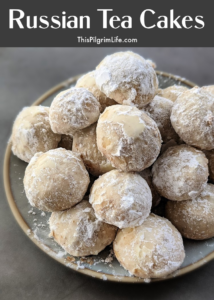 Our family recipe for Russian tea cakes-- tender, round cookies rolled in powdered sugar-- makes an appearance every Christmas season. These cookies are easy to make and so tasty!