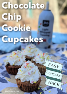 These chocolate chip cookie cupcakes are a breeze to make and ridiculously simple with their whipped cream topping and sprinkles. It makes a great cupcake hack for a sweet snack to enjoy with friends or a simple birthday party treat! 