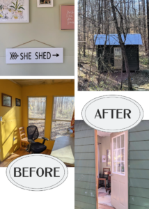 I remodeled my husband's office in the woods into a perfect she-shed getaway and work space for me! Moreover, I tried to do as much as I could "on a shoestring", repurposing and buying second-hand when possible.