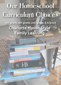 These are our homeschool curriculum choices loosely following Charlotte Mason principles, for 6th grade, 4th grade, 2nd grade, and kindergarten/pre-k. Beautiful living books, exploring the natural world, and LOTS of learning together as a family.