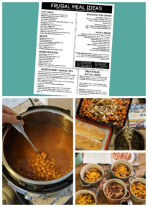 We all need meal ideas that aren't going to break the budget. This list is full of over 75 frugal meal ideas-- meals with meat, veggie focused meals, meals with beans, delicious breakfast-for-dinner ideas, and so much more! 