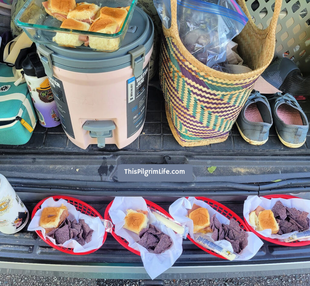 Packing dinner on the road in food baskets.