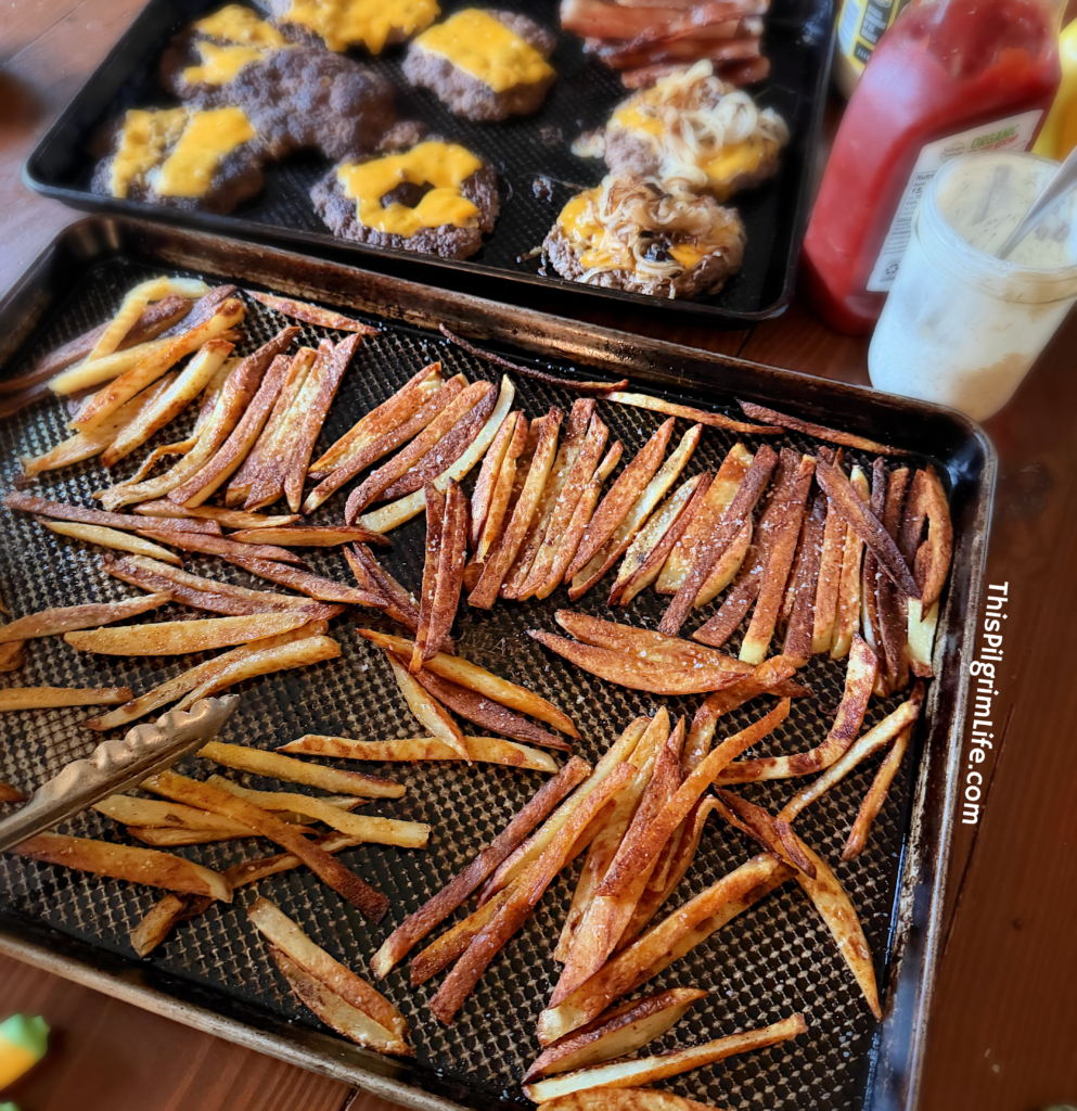 Crispy homemade fries with smashed burgers and homemade ranch!